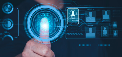 futuristic digital processing of biometric fingerprint scanner. scan finger print or for digital processing biometric identification to access security system. Cyber security concept. Digital lock.