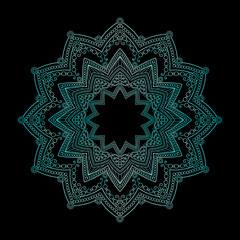 Turquoise mandala. Decorative pattern. Isolated on black background.