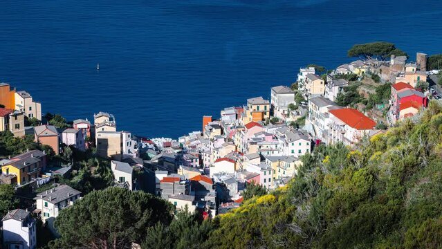 Panoramic Time Lapse aerial view of beautiful town of Riomaggiore in Cinque Terre, Riomaggiore, Liguria, Italy