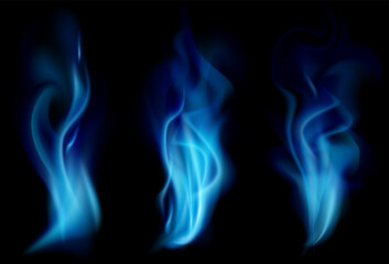 Blue set of smoke, gas or fuel. Vector isolated smoke on a transparent background