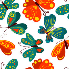 vector seamless cute gentle butterfly pattern with tropical flowers, leaves. spring summer mood. colorful, romantic print. hand drawn design.