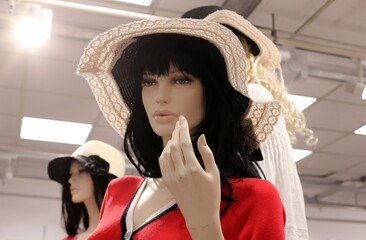 A mannequin stands on a showcase in a large store.