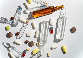 Drug prescription for treatment medication. Pharmaceutical medicament, cure in container for...