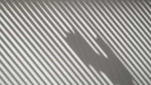 Shadows on a sunny day on a white wall from the blinds, the silhouette of a hand moves along the blinds from top to bottom. Vertical 4k real time video, intro or shadow background.
