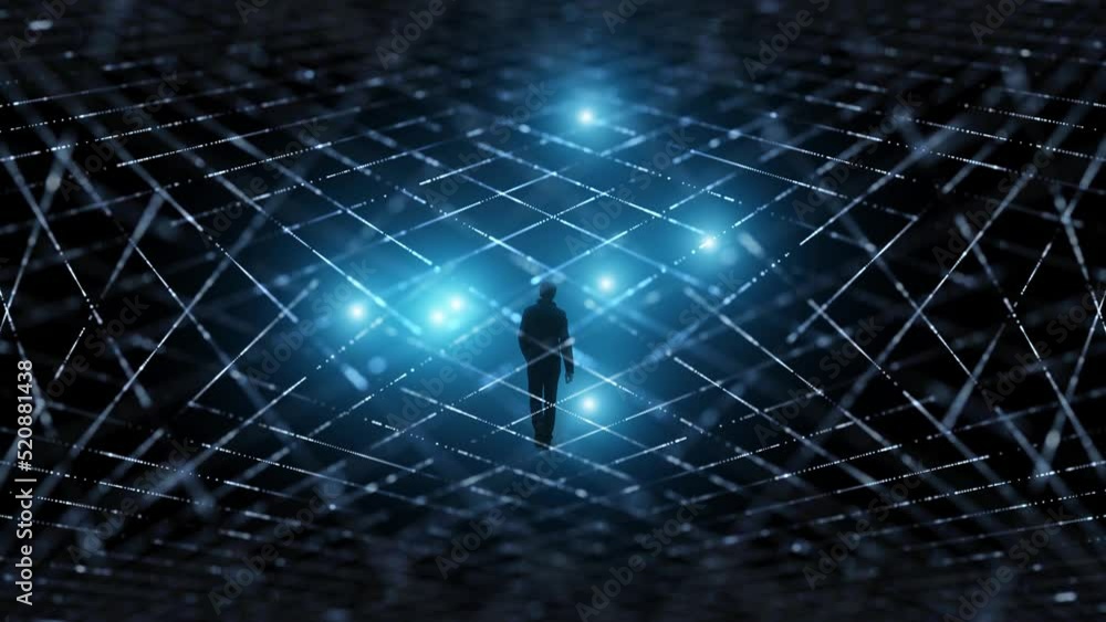 Wall mural people in digital future metaverse cyber space. silhouette of a walking man in futuristic network.