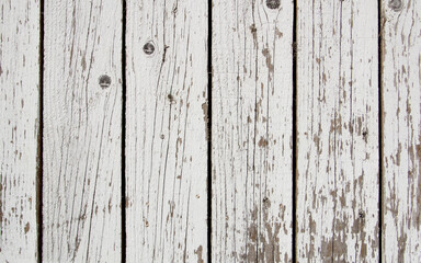 Background - old white fence made of wooden vertical boards.