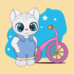 Cute cat with bicycle vector
