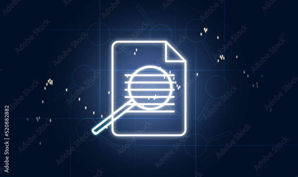 Poster document and magnifier icons on blue background. data validation concept, control