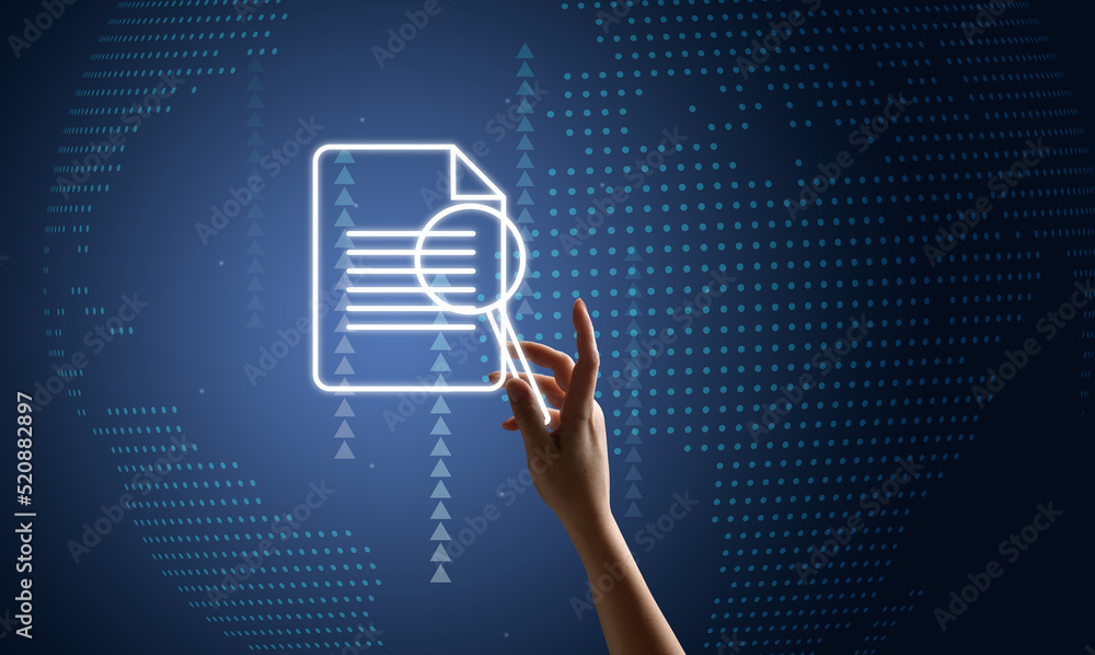 Poster virtual document and a hand with a magnifying glass. concept of control