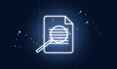 Document and magnifier icons on blue background. Data validation concept, control