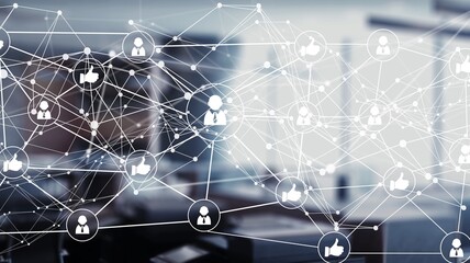 Icons with network of connections, office and data processing. global networks, digital interface and data processing concept digitally generated image.