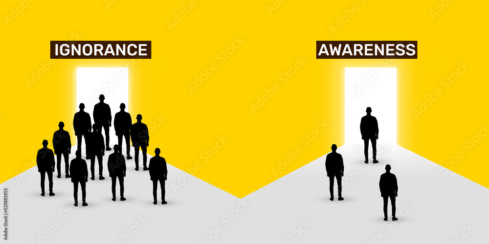 Wall mural Awareness vs Ignorance concept background with people standing in front of doors. Life lessons concept backdrop