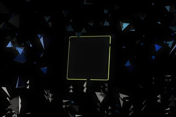 abstract background. polygonal background consisting of geometric shapes scattered over a black background, illuminated with blue and white neon light, with a cube for text in the middle. 3d render