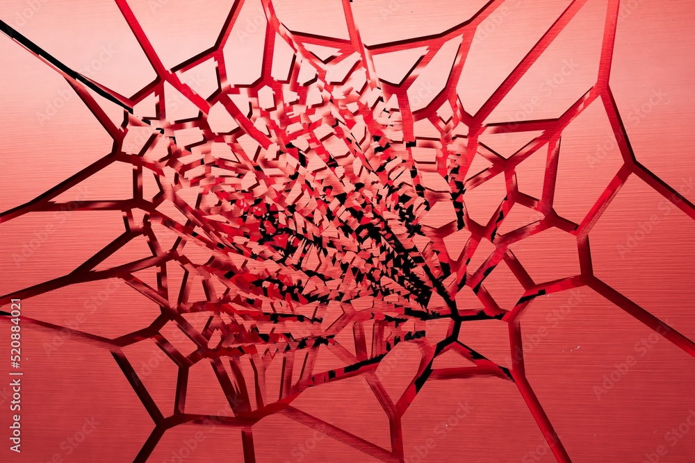 Poster abstract background. beautiful illuminated with neon red and black cobweb on a red background. 3d il