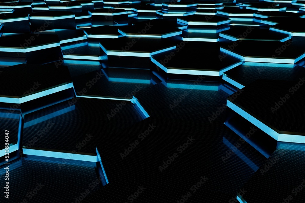 Poster abstract background. patterns of black hexagons illuminated with blue neon light on a black backgrou