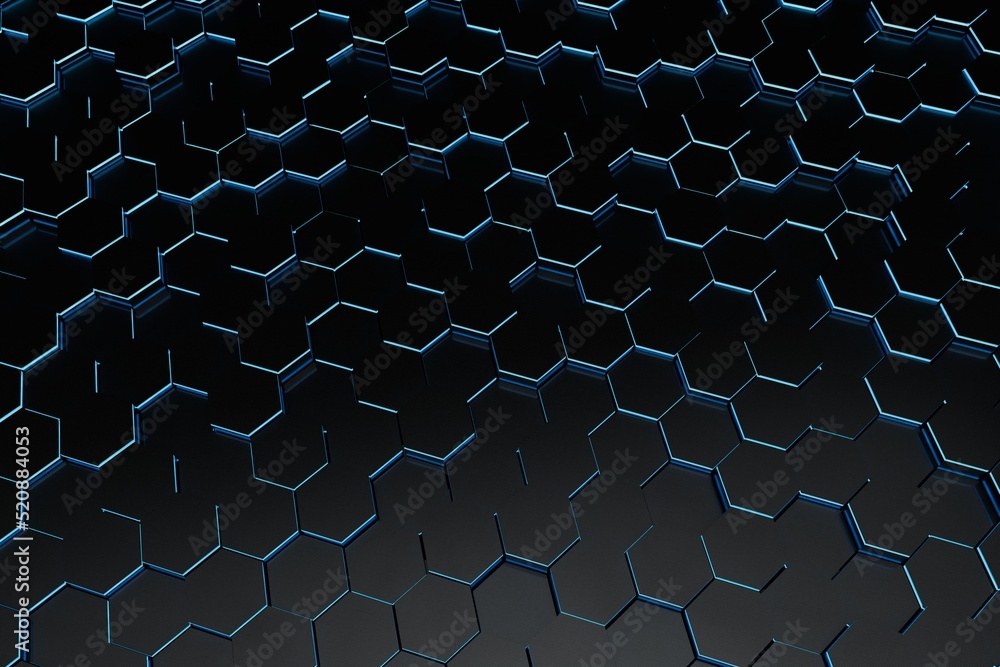 Poster abstract background. patterns of black hexagons from below illuminated with blue neon light. 3d illu