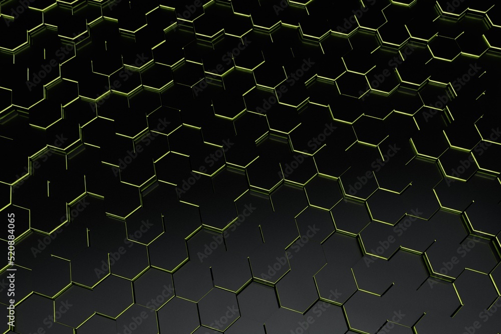 Poster abstract background. patterns of black hexagons from below illuminated with yellow neon light. 3d il