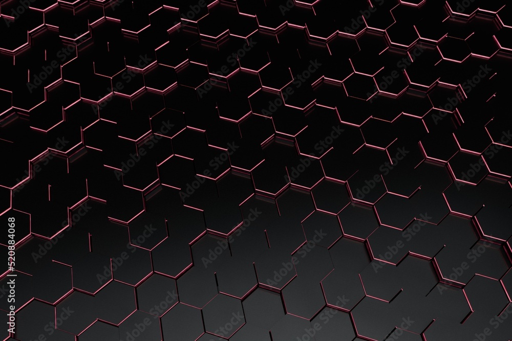 Poster abstract background. patterns of black hexagons from below illuminated with pink neon light. 3d illu