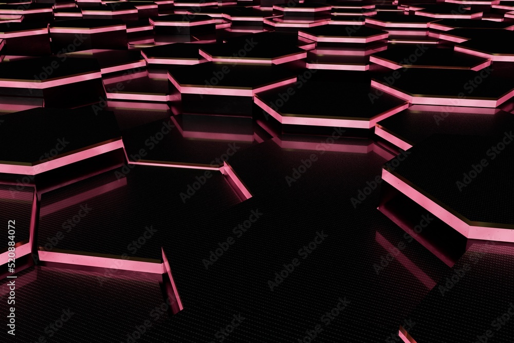 Poster abstract background. patterns of black hexagons illuminated with pink neon light on a black backgrou