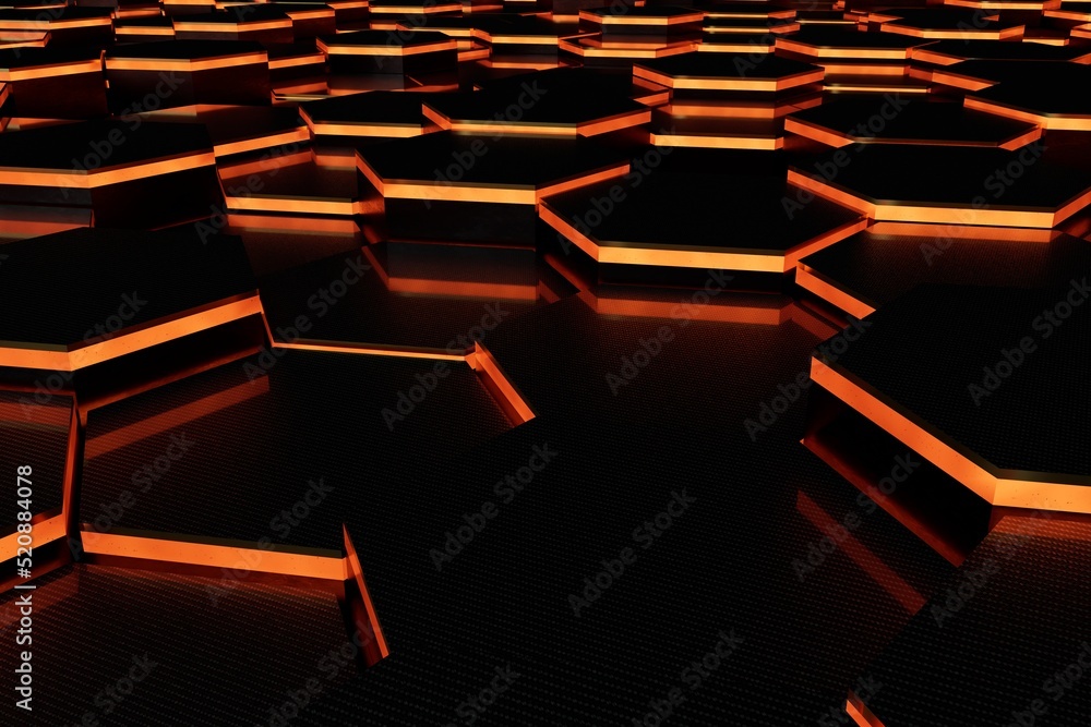 Aufkleber abstract background. patterns of black hexagons illuminated with orange neon light on a black backgr