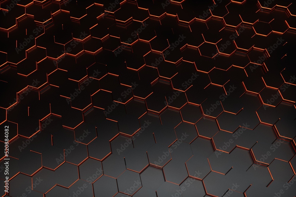 Poster abstract background. patterns of black hexagons from below illuminated with orange neon light. 3d il