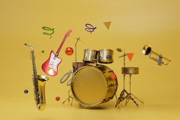 jazz band musical instruments. essential tools for creating quality music. musical instruments on a yellow background. 3d render. 3d illustration