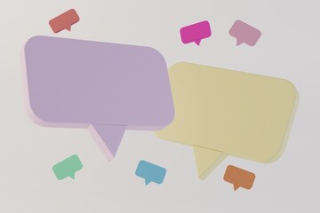 online communication,chat, forum,comments.correspondence in messengers. large purple and yellow correspondence icons with multi-colored correspondence window patterns on a white background. 3d render