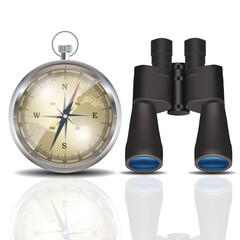 Set of compass and binocular vector, set of camping equipment vector