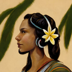 island woman with flower - obrazy, fototapety, plakaty