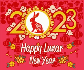 Happy New Year 2023, Chinese New Year, Year of the Rabbit, Zodiac sign for greeting card, invitation, posters, brochure, calendar, flyers, banners.