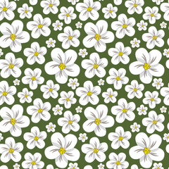 Seamless pattern with strawberry flowers on a green background.
