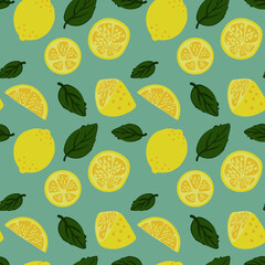 Hand-drawn vector lemon seamless pattern on a blue background. Endless ornament for wrapping paper, wallpaper, clothing, textiles, fabric