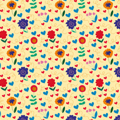 Creative universal art background in doodle style. Colorful pattern of flowers and hearts. Vector illustration. Trendy graphic design for banner, poster, card, cover, invitation, placard, brochure.