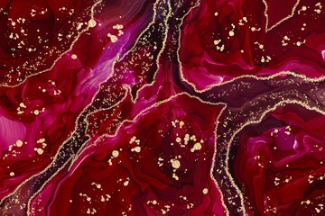 Red agate marble with deep Alcohol ink fluid abstract texture fluid art with gold glitter and liquid. - obrazy, fototapety, plakaty