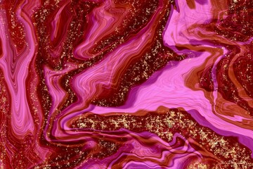 Red, pink and purple Alcohol ink fluid abstract texture fluid art with gold glitter and liquid.