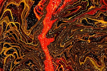 Red and yellow lines with Alcohol ink fluid abstract texture fluid art with gold glitter and liquid.