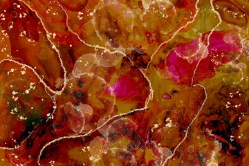 Deep rich yellow and red marble stone with Alcohol ink fluid abstract texture fluid art with gold glitter.