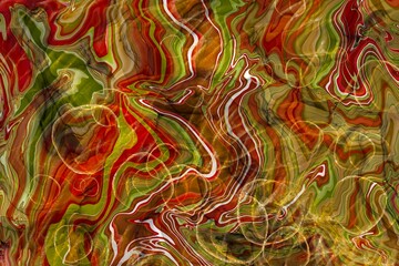 Colorful green and red pattern of Alcohol ink fluid abstract texture fluid art with gold glitter and liquid.