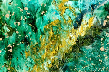 Green and deep blue pattern with solid gold and Alcohol ink fluid abstract texture fluid art with gold glitter and liquid.