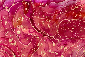 Red and light pink Alcohol ink fluid abstract texture fluid art with gold glitter and liquid.
