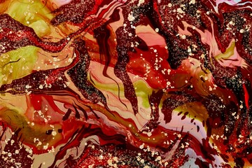 Gold dust on red and yellow pattern. Alcohol ink fluid abstract texture fluid art with gold glitter and liquid.