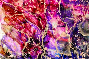 Blue purple and red lines and patterns with Alcohol ink fluid abstract texture fluid art with gold glitter.