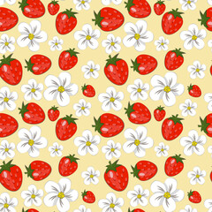 Seamless background with strawberries and flowers, hand-drawn. Children's illustration, vector illustration.