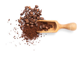 A wooden spoon with instant coffee and coffee beans