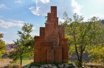 Monumental ensemble of traditional Armenian carved memorial steles Khachkars (cross stones) in Vayk, Armenia