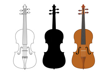 Iconos de trazado de violín, Silueta negra de violín. Violín en color. Instrumento musical de cuerdas