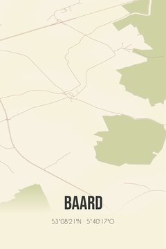 Retro Dutch city map of Baard located in Fryslan. Vintage street map.