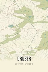 Retro Dutch city map of Drijber located in Drenthe. Vintage street map.