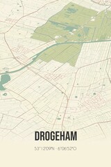 Retro Dutch city map of Drogeham located in Fryslan. Vintage street map.