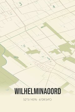 Retro Dutch city map of Wilhelminaoord located in Drenthe. Vintage street map.
